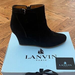 Lanvin Black Suede Wedge Booties with Buckle, EU 41 (Run Slightly Small)